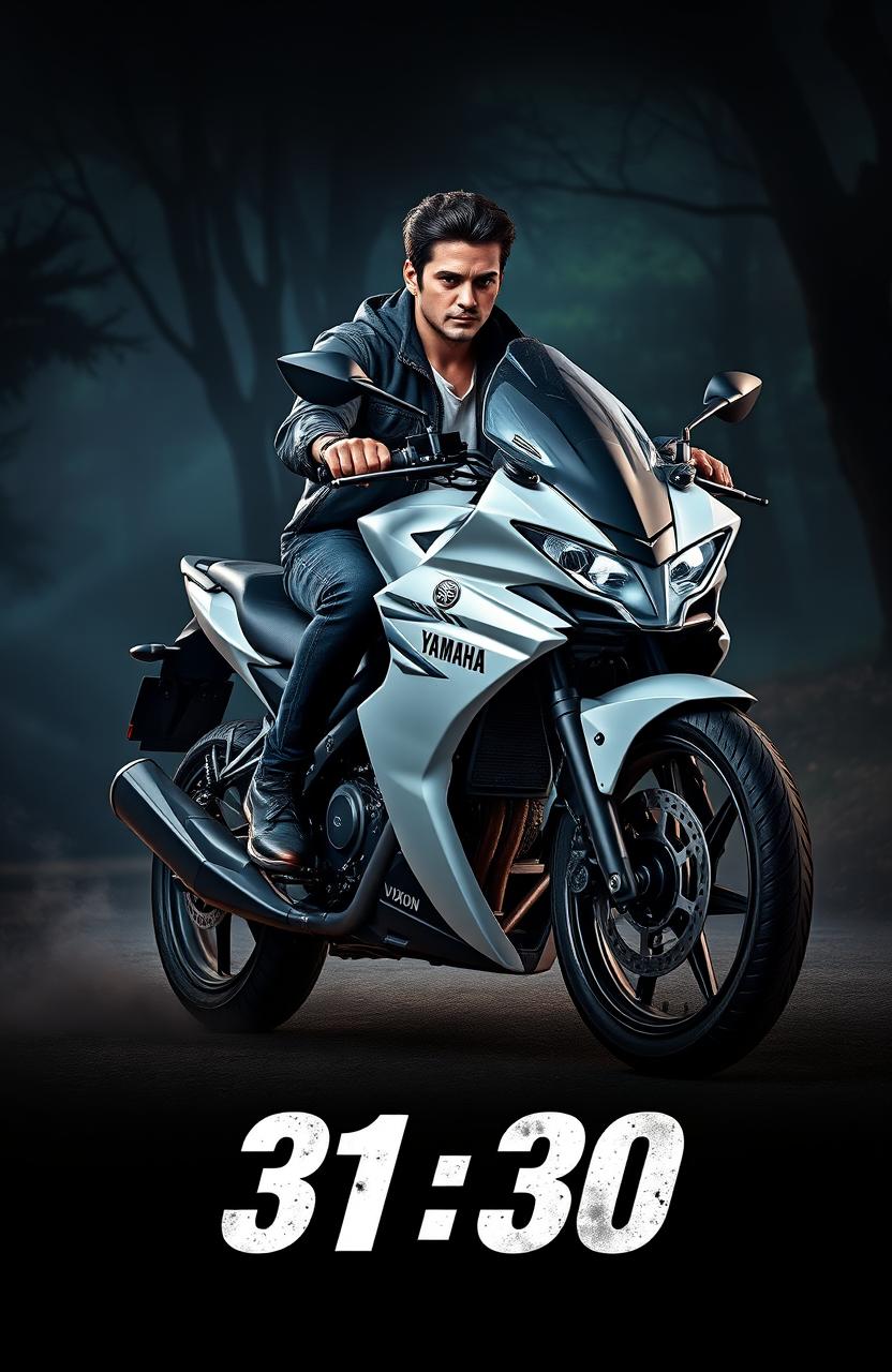 A handsome male character riding a white Yamaha Vixion motorcycle, set against a slightly horror-themed background that is thrilling and exciting