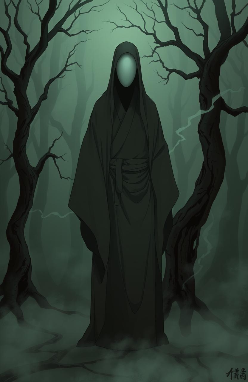 An eerie and atmospheric illustration of a Noppera-bo, also known as a faceless ghost from Japanese folklore