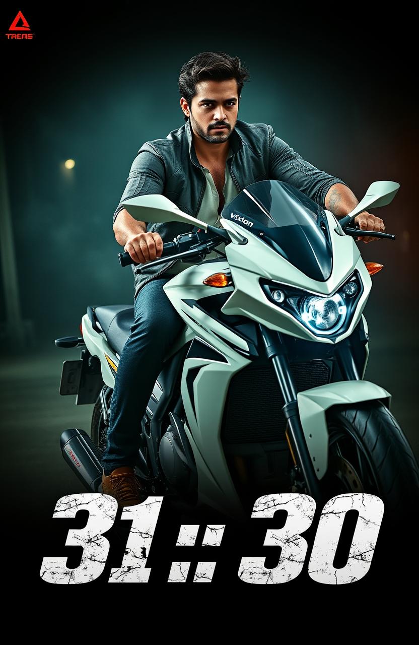 A handsome male character riding a white Vixion motorcycle, with a slightly horror-themed but exciting background