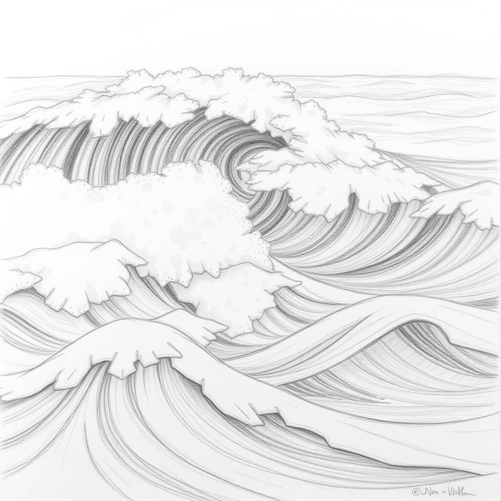A captivating pencil sketch depicting the dynamic movement of ocean waves