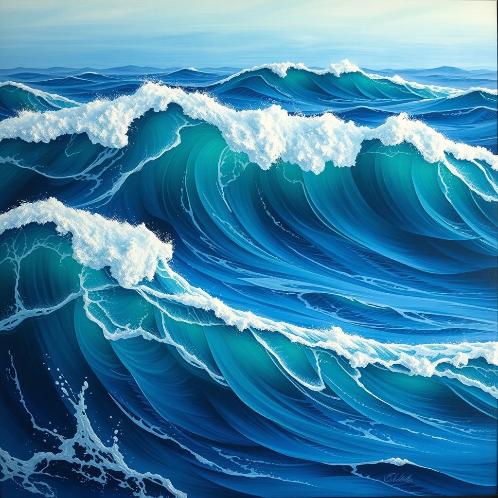 An artistic representation of ocean waves in motion, displaying their powerful and dynamic nature