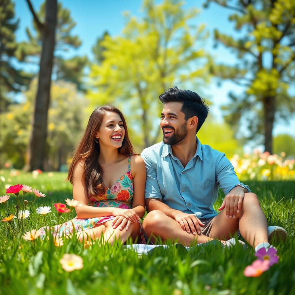 A vibrant scene depicting two people laughing joyfully together in a sunny park