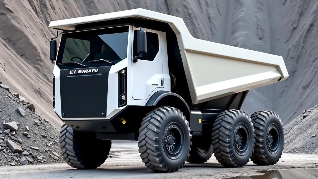 An electric dump truck designed for mining, featuring a capacity of 15 cubic meters, equipped with six wheels and three axles for enhanced stability and load distribution