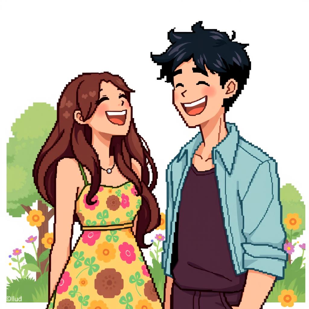 A pixel art style scene featuring two cheerful characters laughing together
