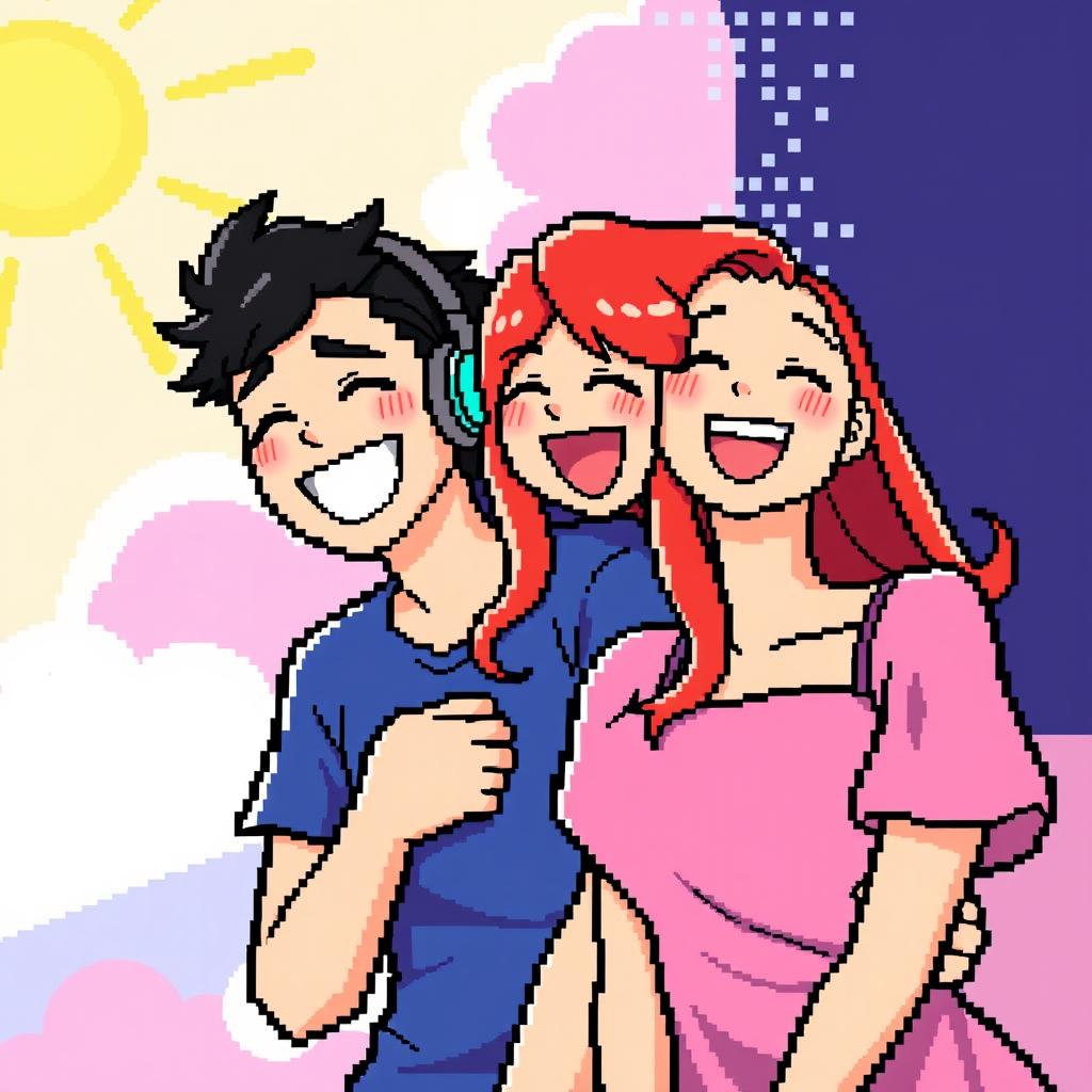 A pixel art scene depicting two characters laughing together joyfully
