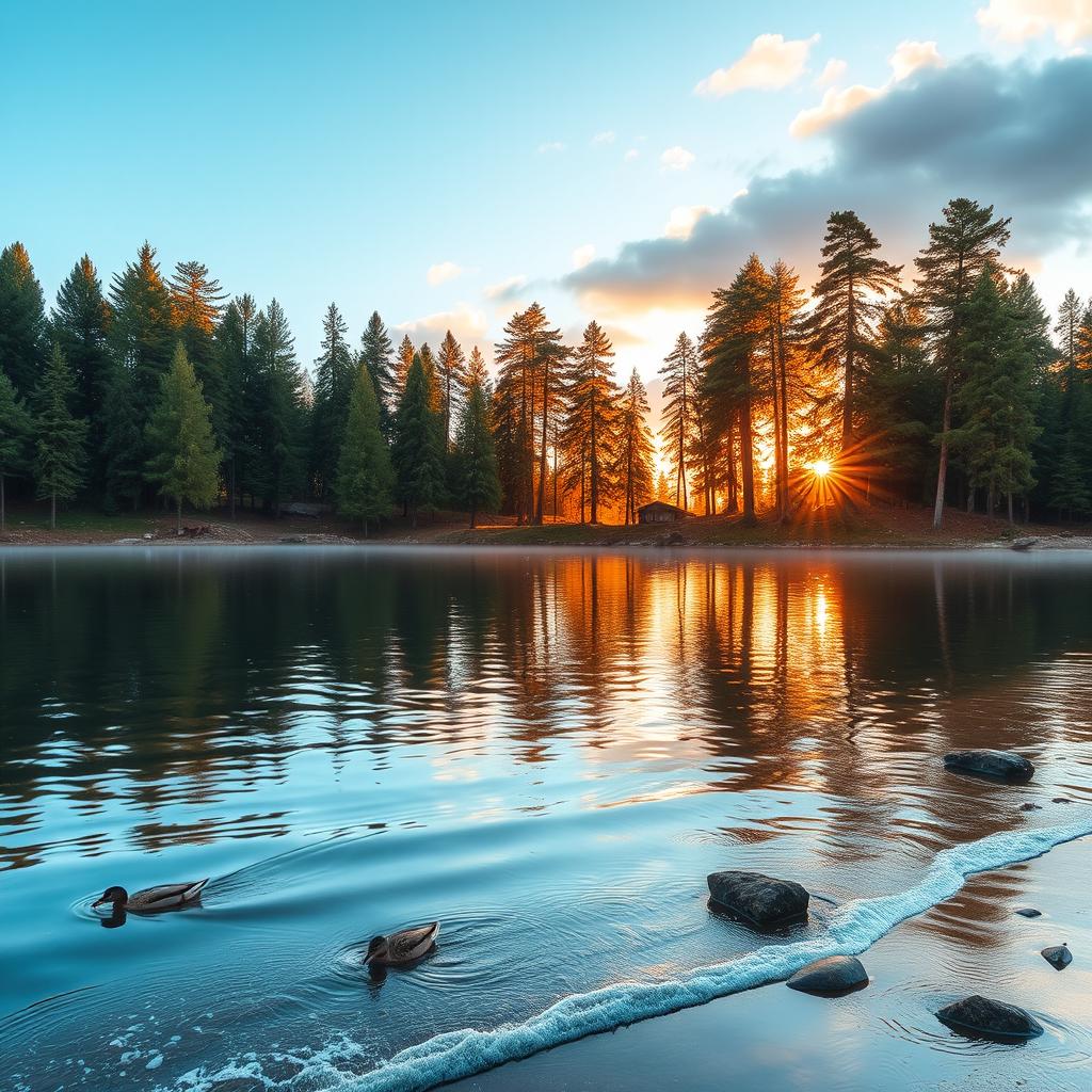 A dreamy landscape featuring a serene lake surrounded by tall, lush pine trees reflecting on the water's surface, a soft sunrise casting warm golden hues over the sky