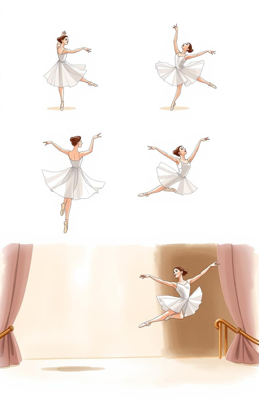 A sequential drawing series showcasing dynamic movements of a dancer performing an elegant ballet routine