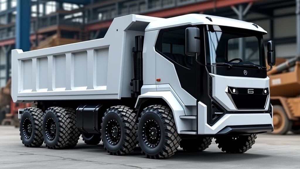 An electric dump truck with a 15 cubic meter capacity, featuring six robust wheels and three axles for enhanced stability