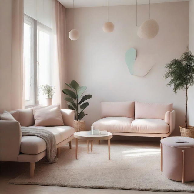 An interior view of a room with soft aesthetic design, incorporating muted pastel colors, cozy furniture, delicate lighting and minimal decor.