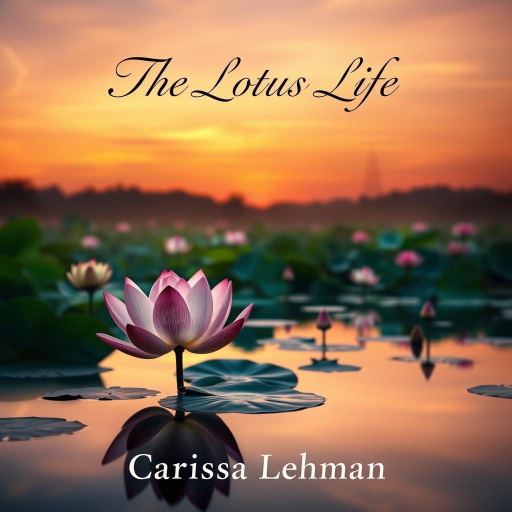 A soft-colored sunset background tailored for a book cover, featuring a picturesque pond adorned with beautiful lotus flowers