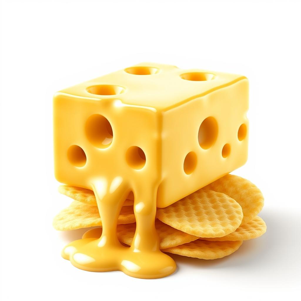 A hyper-realistic digital illustration of a block of Swiss cheese with large holes, melting and dripping onto a stack of potato chips