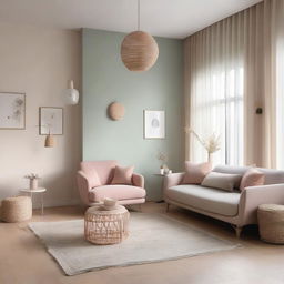 An interior view of a room with soft aesthetic design, incorporating muted pastel colors, cozy furniture, delicate lighting and minimal decor.