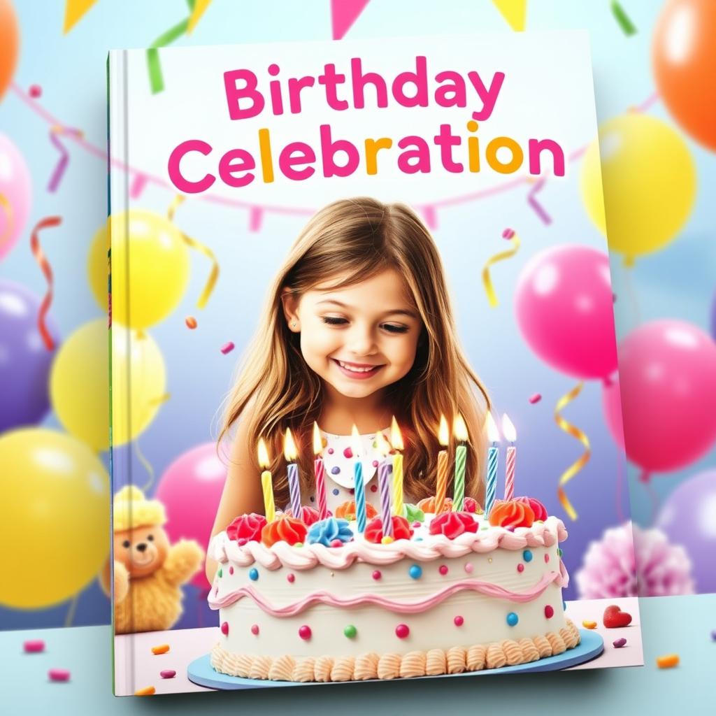 A charming book cover titled 'Birthday Celebration', featuring a joyful scene with a 7-year-old girl standing in front of a beautifully decorated birthday cake