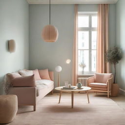 An interior view of a room with soft aesthetic design, incorporating muted pastel colors, cozy furniture, delicate lighting and minimal decor.