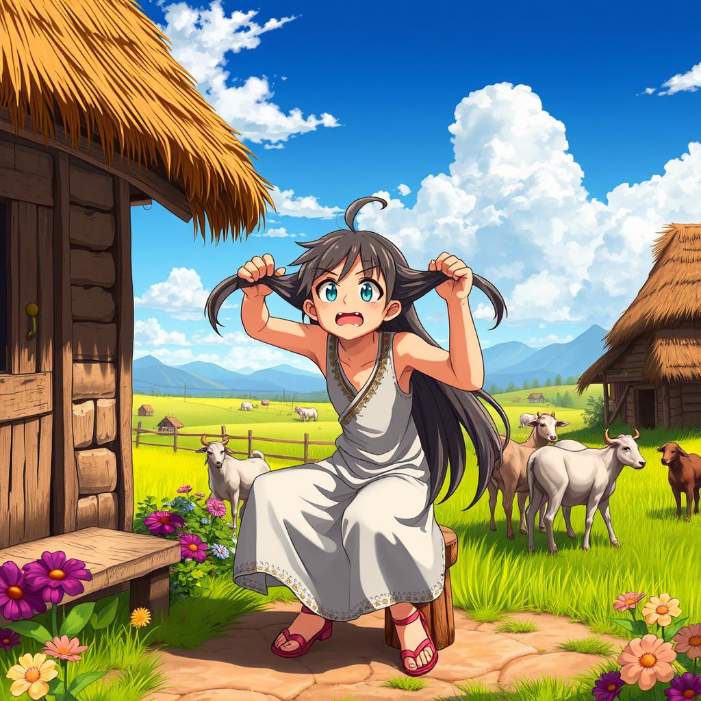 A rustic village scene where a struggle is taking place, depicting a character with long hair being pulled back as they sit on a wooden stool outside a traditional thatched-roof cottage