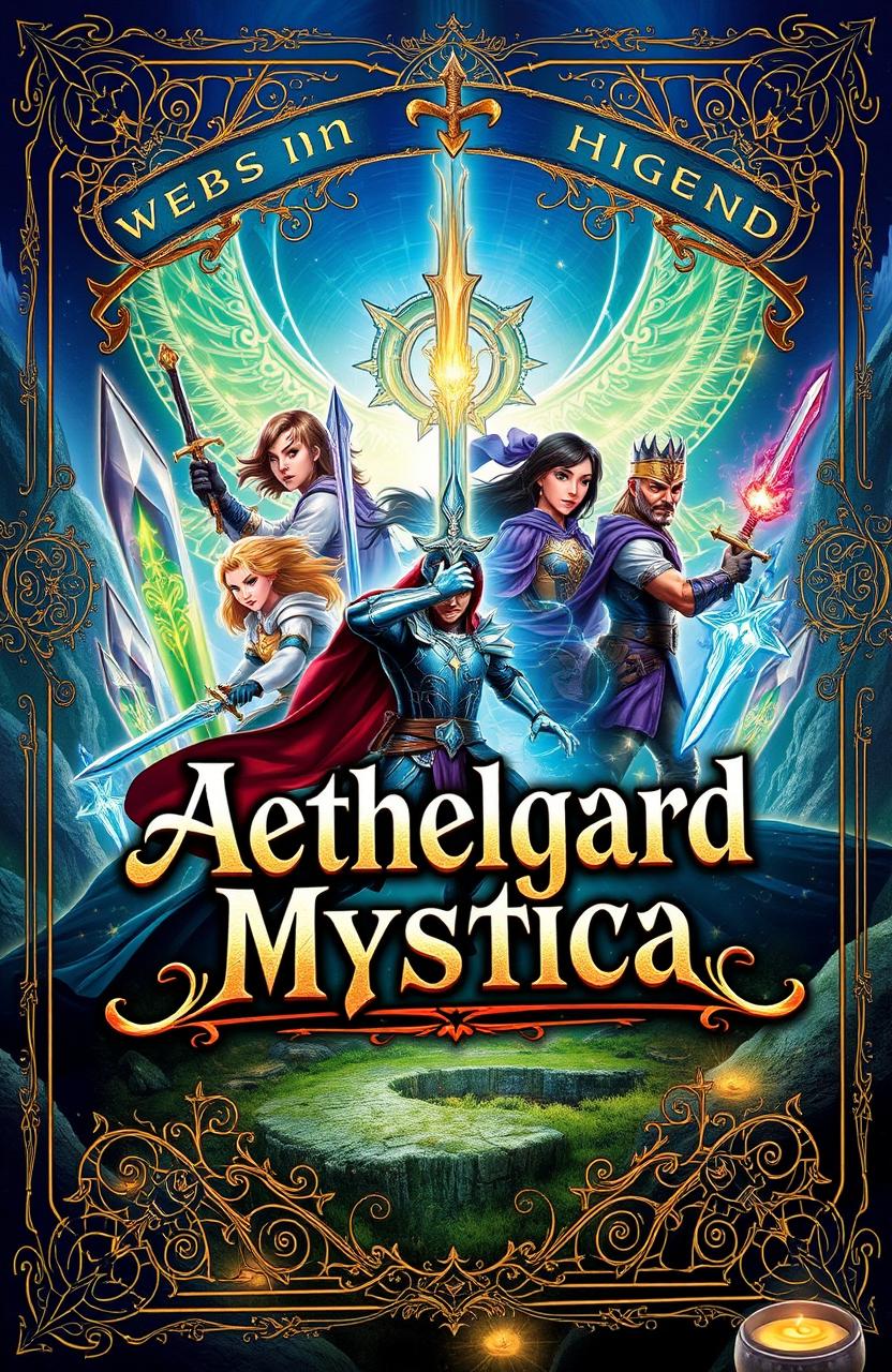 An enchanting book cover for 'Aethelgard Mystica', a fantasy world themed around swords and magic