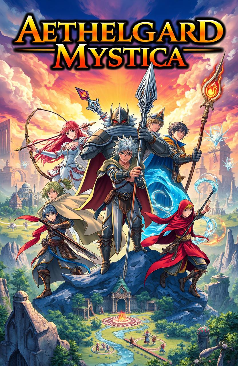 A vibrant book cover illustration for a fantasy fiction story set in the mystical world of Aethelgard Mystica