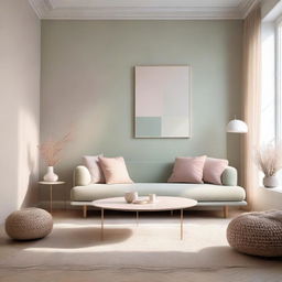 An interior view of a room with soft aesthetic design, incorporating muted pastel colors, cozy furniture, delicate lighting and minimal decor.