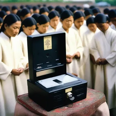 In the religious ceremony, a sacred VCR tape was played to impart spiritual teachings.