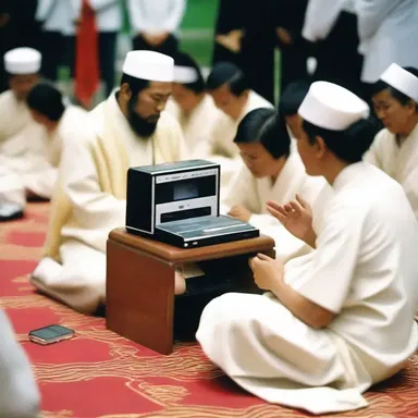 In the religious ceremony, a sacred VCR tape was played to impart spiritual teachings.