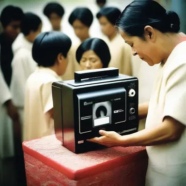 In the religious ceremony, a sacred VCR tape was played to impart spiritual teachings.