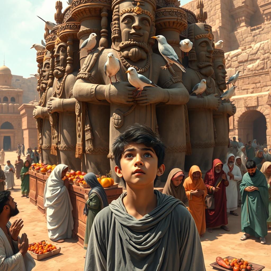 A young man named Ibrahim stands near a row of large statues of idols, adorned with various offerings like fruits and food