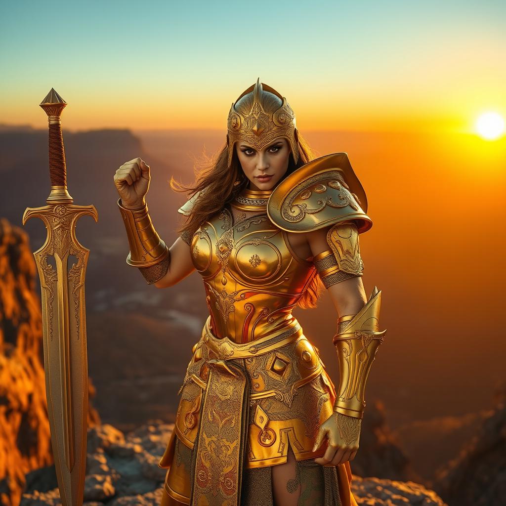 A fierce woman warrior clad in stunning golden armor, intricately detailed with ornate designs and embellishments