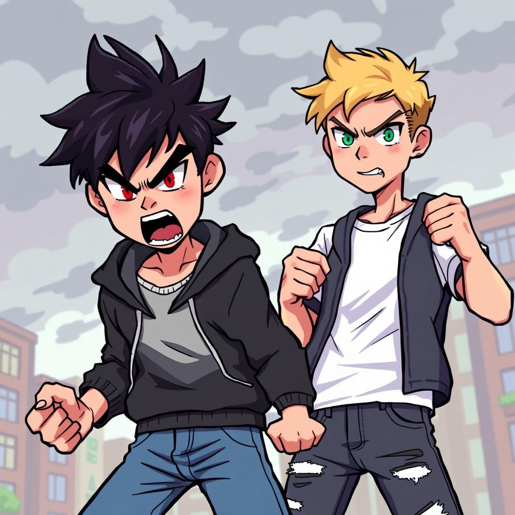 Two young men expressing anger, illustrated in a pixel art style