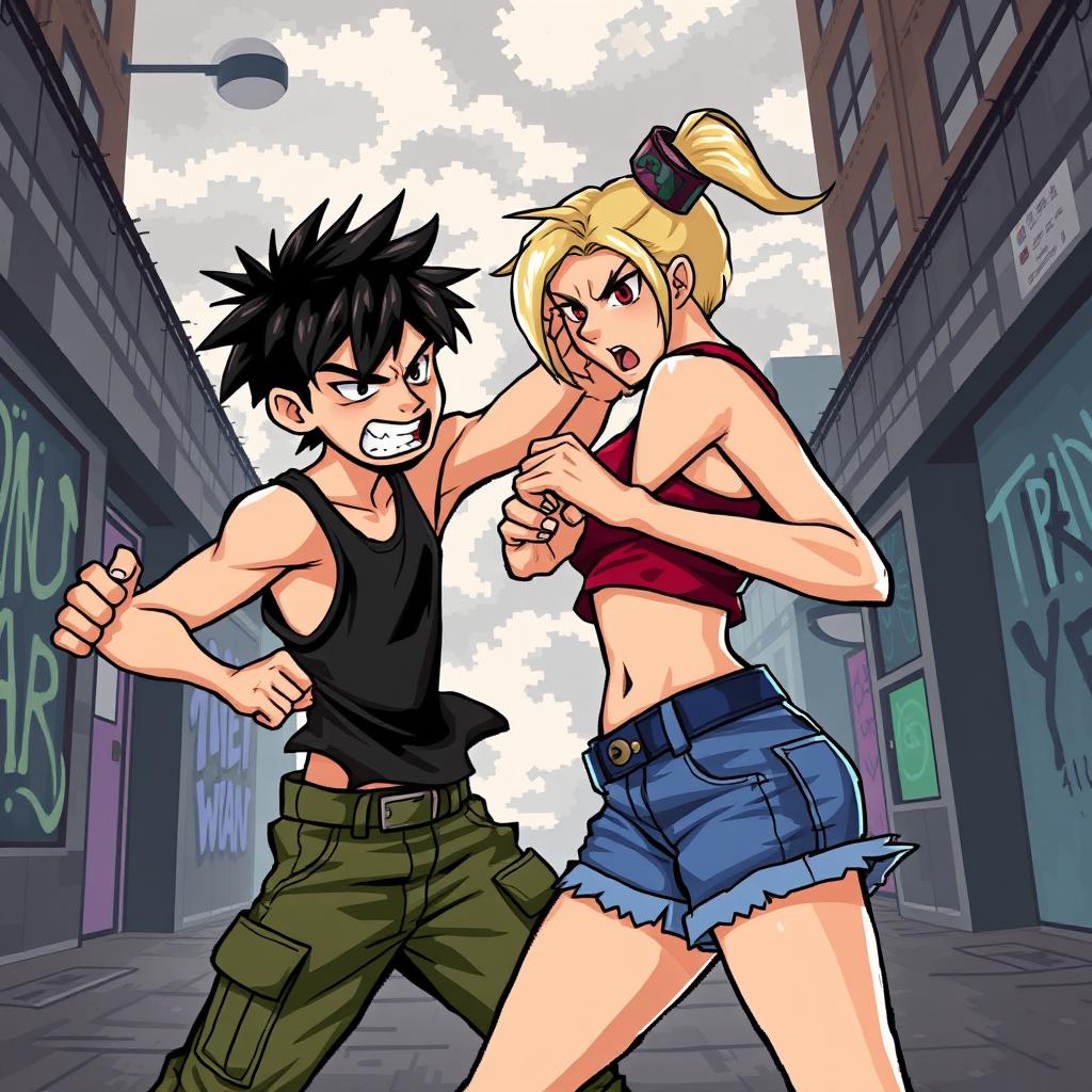 Two young people in a pixel art style, both displaying intense anger as they fight each other