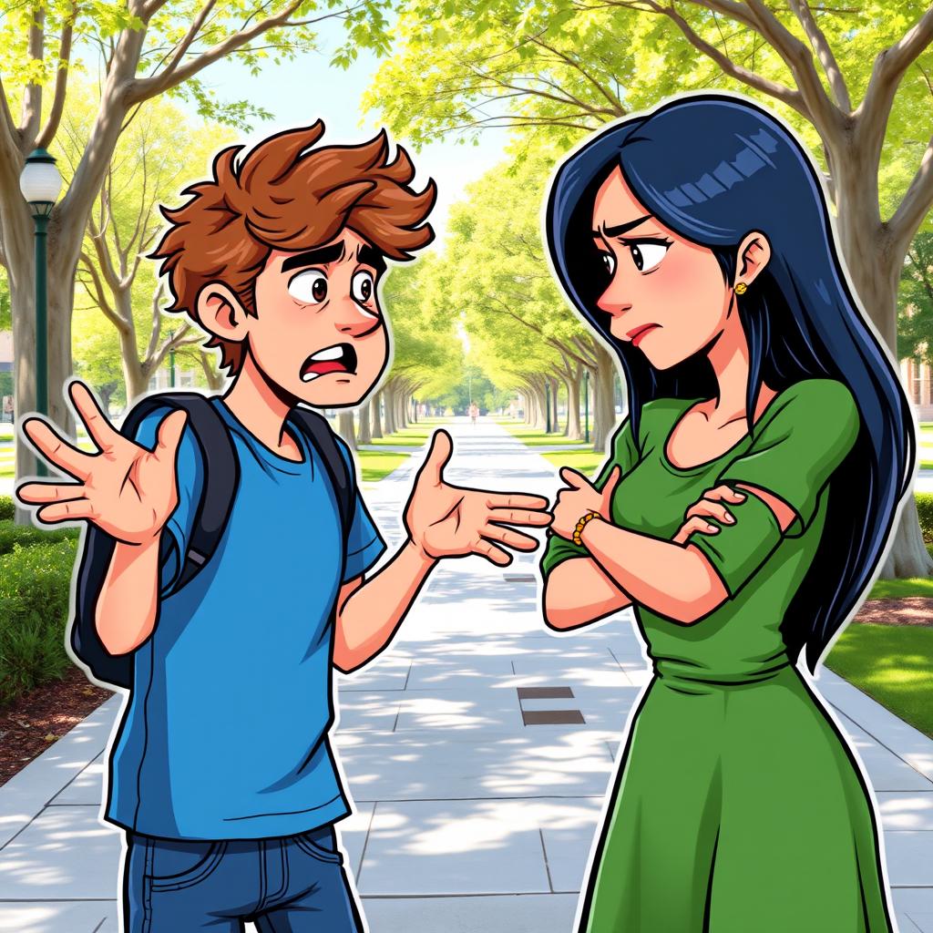 Two young people engaged in an argument, depicted in a vibrant, cartoonish style