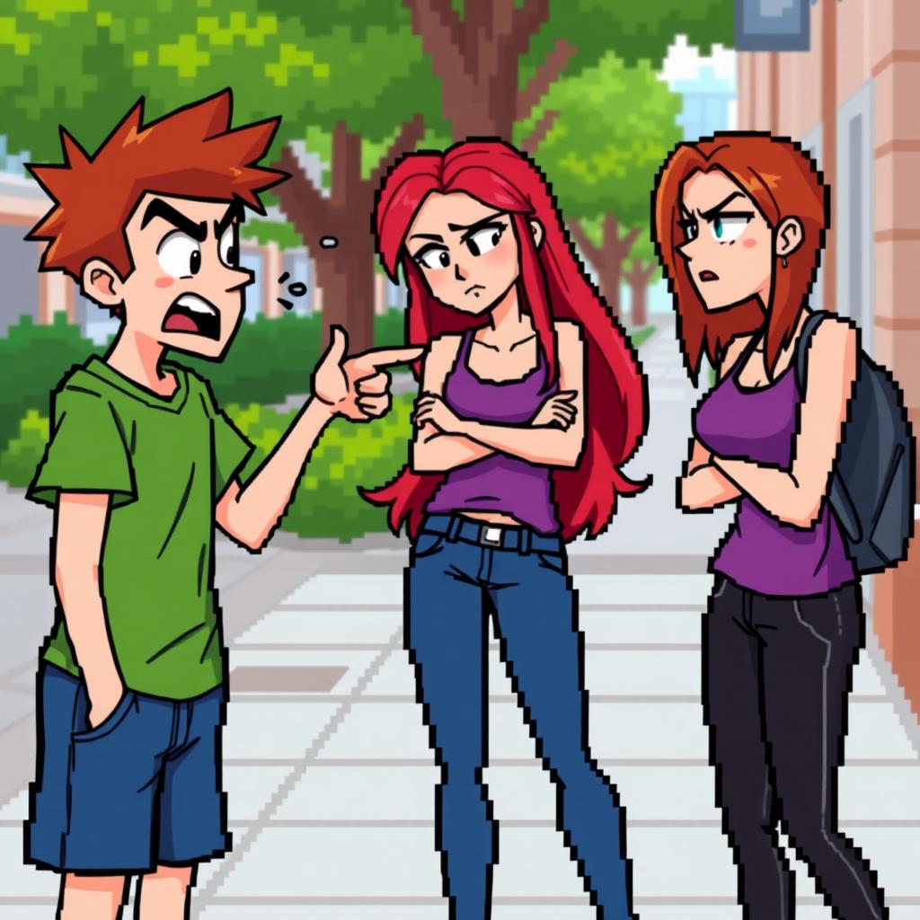 Two young people engaged in a heated argument, illustrated in a pixel art style