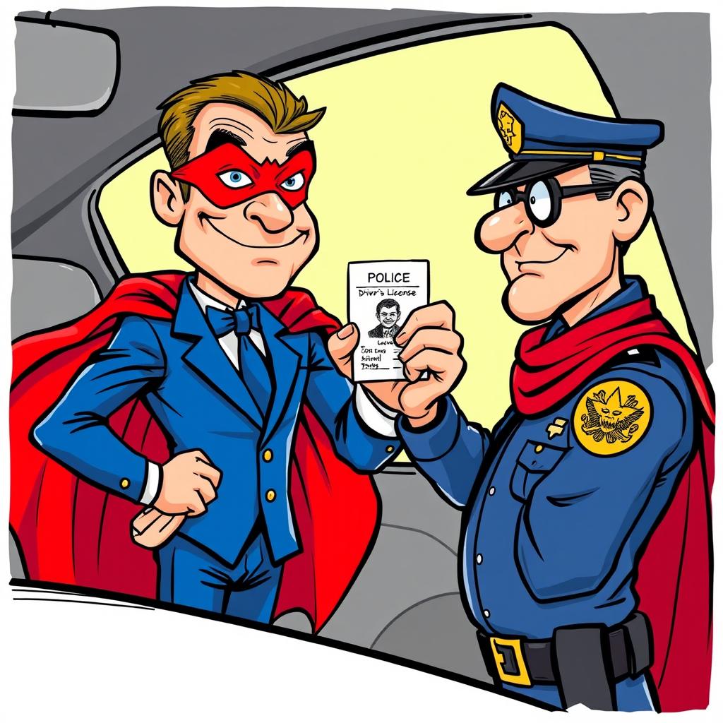 A cartoon man in a vibrant blue suit, adorned with a flowing red cloak and a striking red mask, confidently displaying a driver's license to a police officer