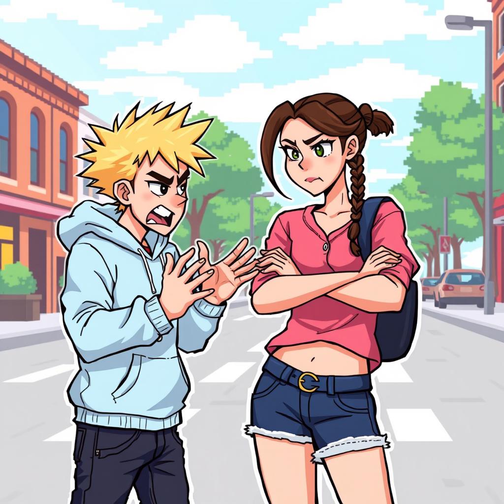 Two young people in a pixel art style, caught in an animated argument