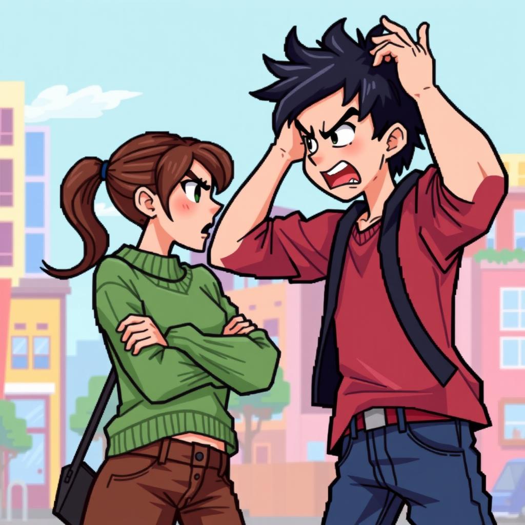 Two young people in a pixel art style, engaged in a lively argument