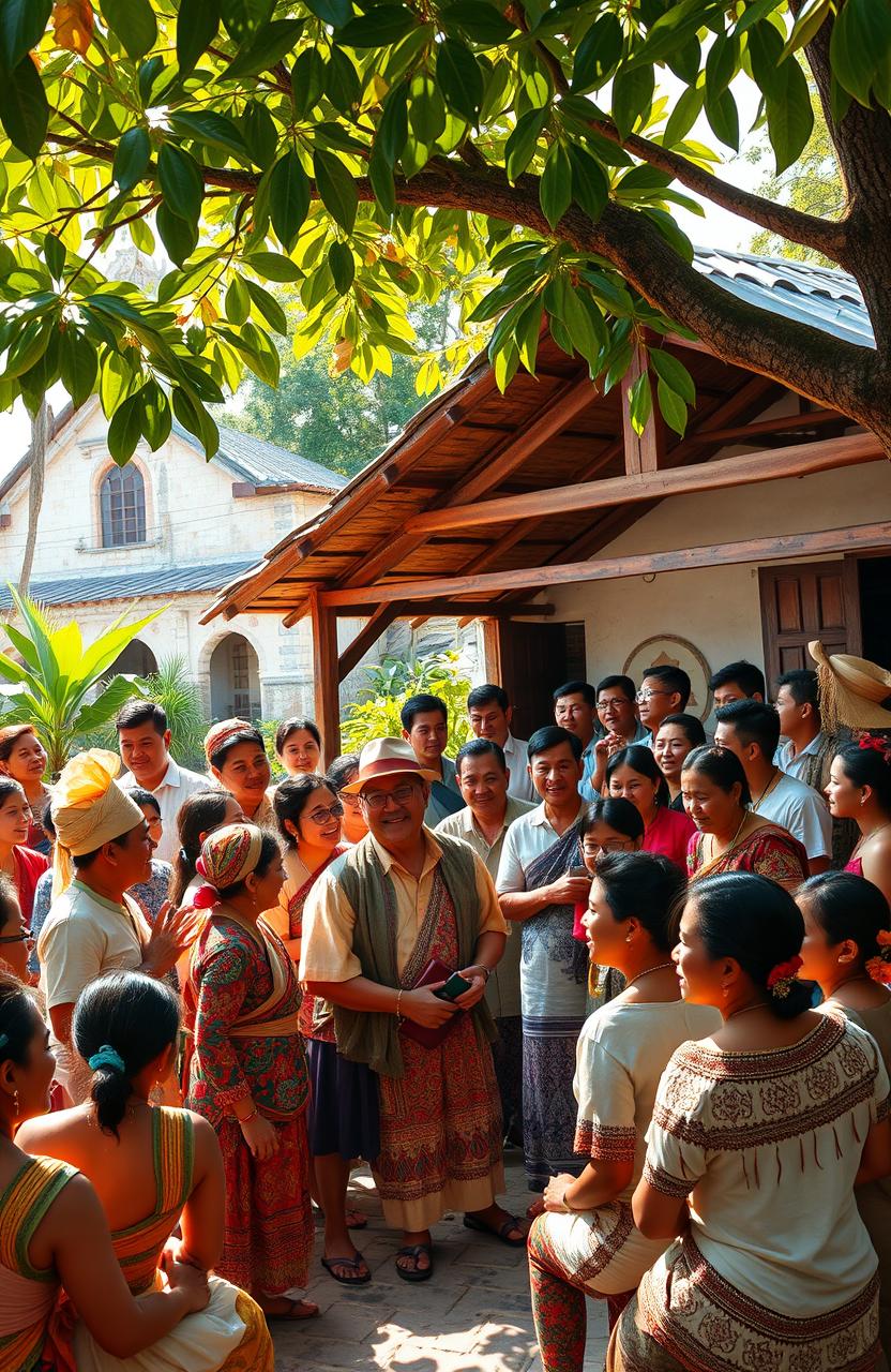 A vibrant scene depicting an early Filipino barangay assembly during the Spanish colonial period, with diverse groups of Filipino men and women gathered in traditional attire