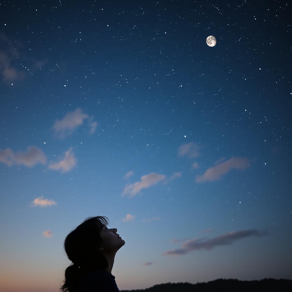 On a serene day, a person gazes up at a vast sky adorned with twinkling stars