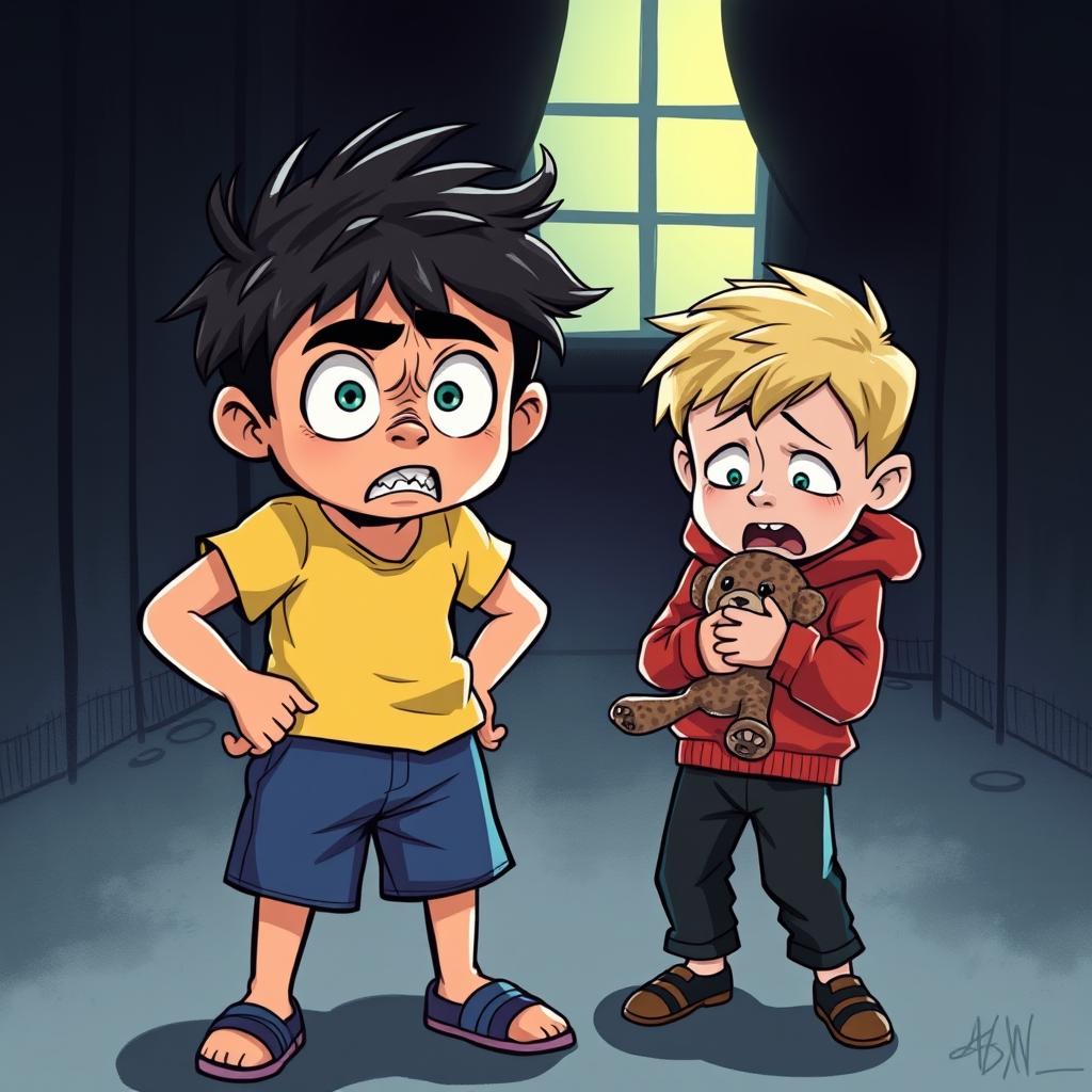 Two young boys expressing fear, illustrated in a vivid and emotive art style