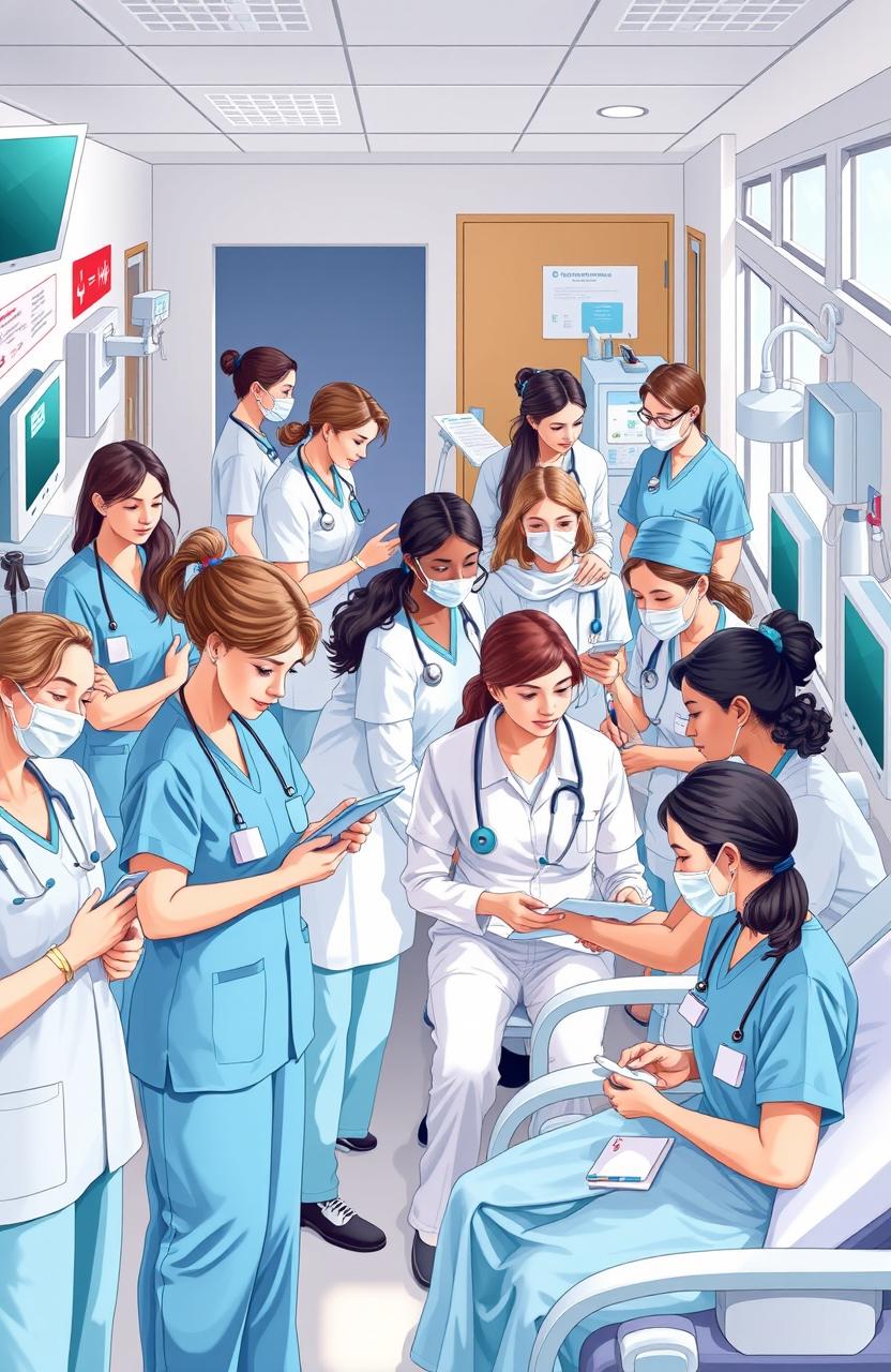 A detailed and visually engaging illustration of a nursing clinical setting, showcasing nurses actively engaged in patient care