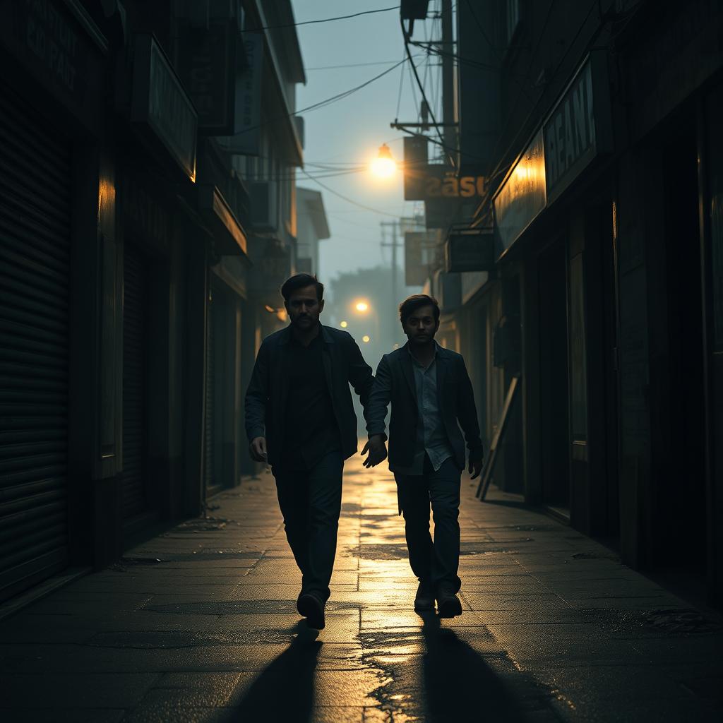 A wide shot of a dark alleyway in the evening, creating a mysterious atmosphere