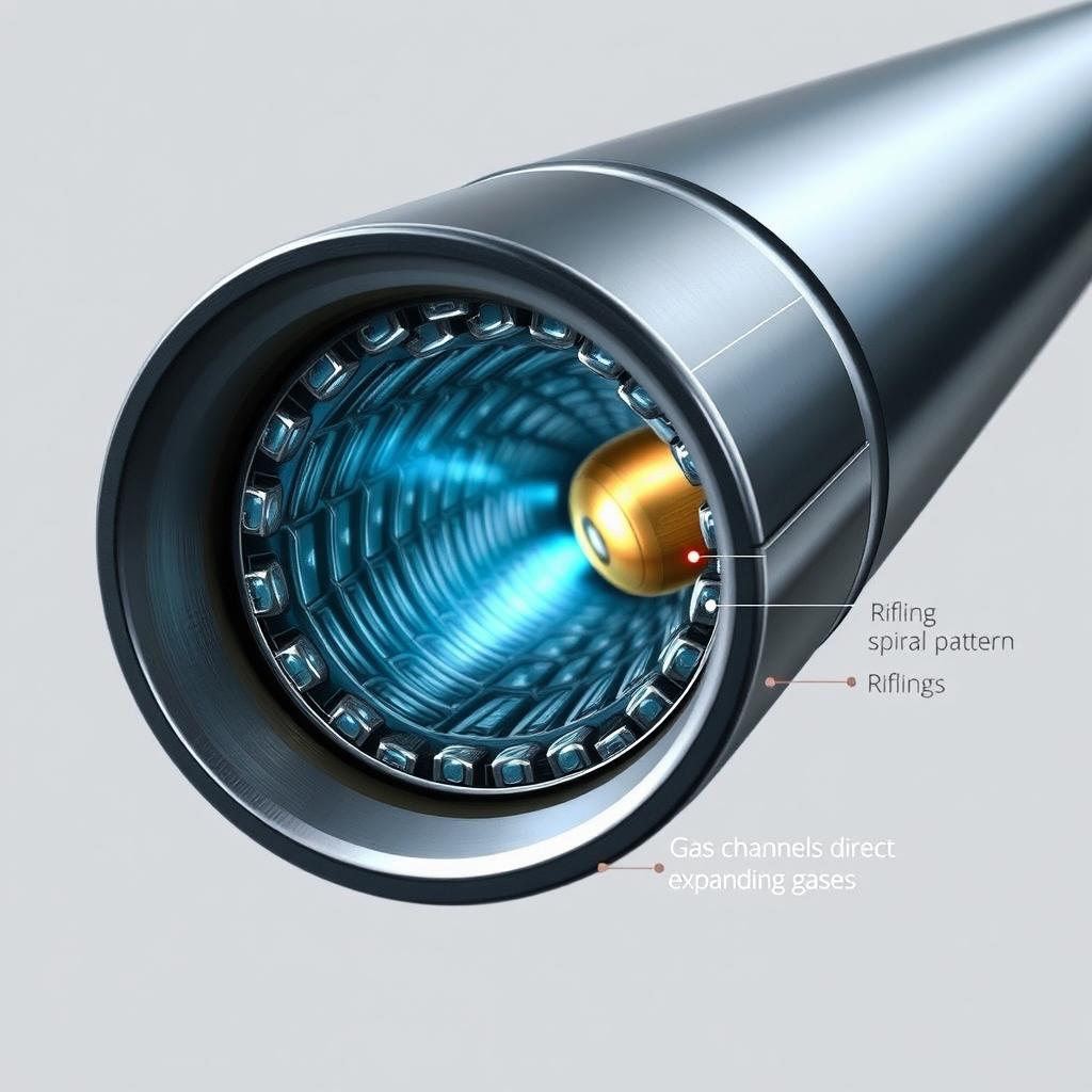 A highly detailed cross-section view of a firearm barrel showcasing the gas expansion occurring as a bullet travels through it