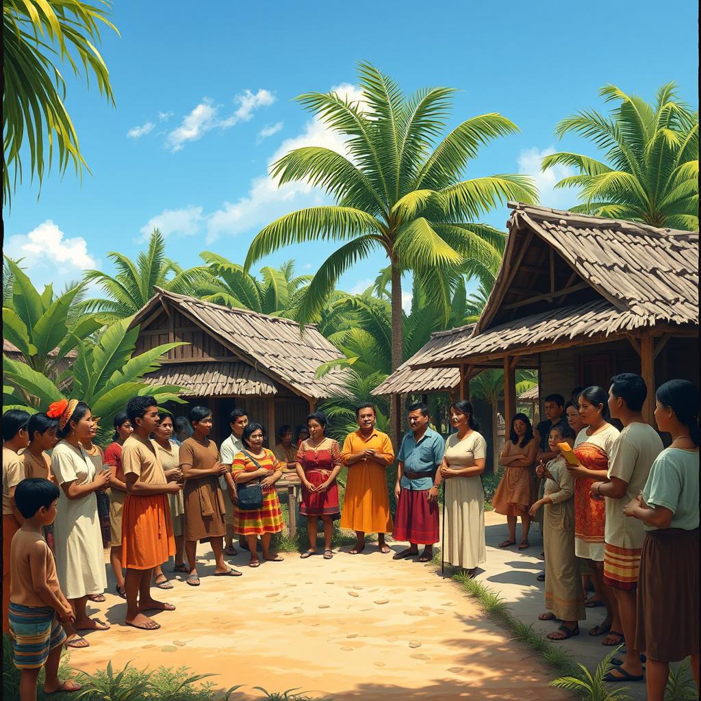 A historical scene depicting an early Filipino barangay assembly during the Spanish colonial period