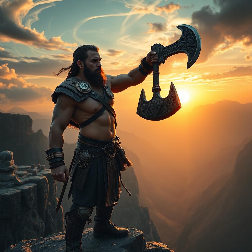 A powerful warrior standing at the edge of a breathtaking cliff, overlooking a vast landscape filled with ancient ruins and towering mountains