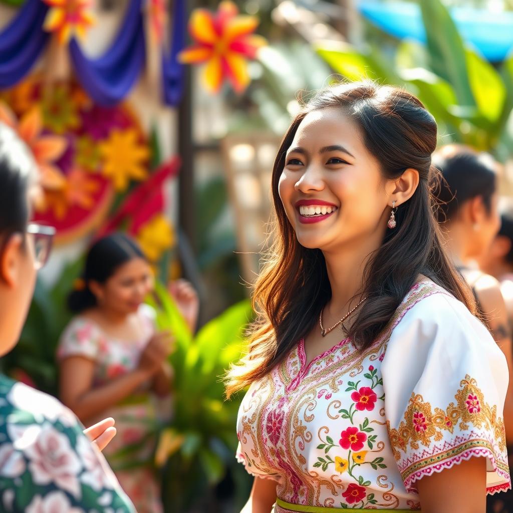 A joyful Filipina woman wearing a traditional barot saya, her expression radiant as she interacts with others