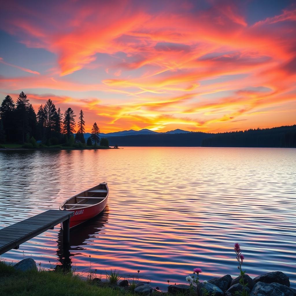 A serene sunset over a calm lake, reflecting the vibrant hues of orange, pink, and purple in the sky