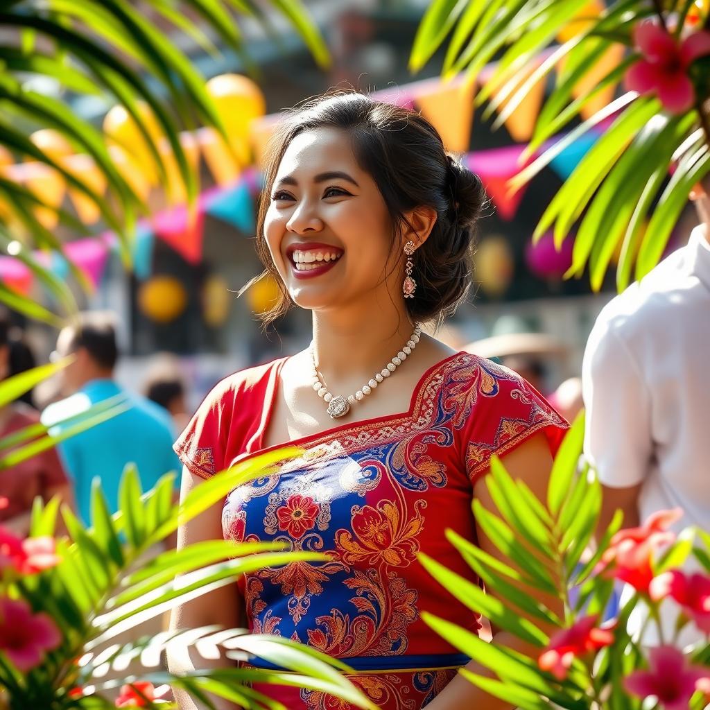 A cheerful Filipina woman wearing a traditional baro't saya, smiling and engaging in conversation