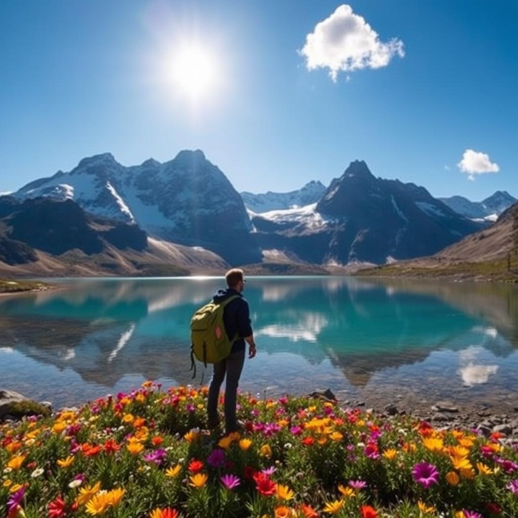 A stunning mountain landscape during sunrise, with majestic peaks covered in snow and a clear blue sky