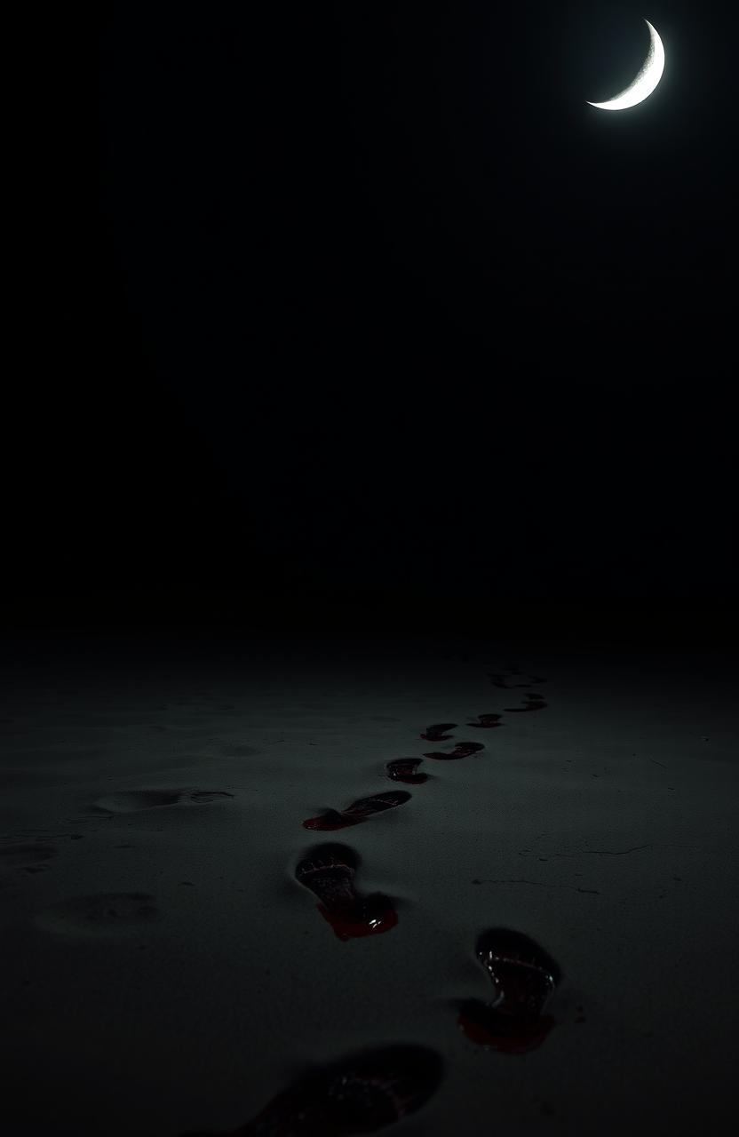 A mysterious night beach scene with a dark background, featuring a pale crescent moon in the sky