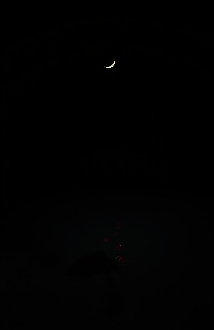 A night beach scene with a dark background, featuring a pale crescent moon in the sky