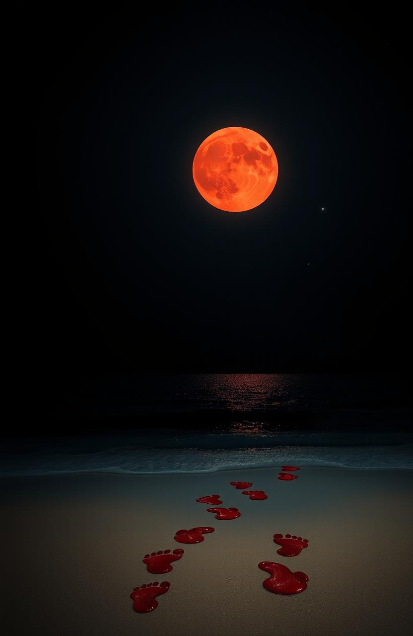 A night beach scene with a dark background illuminated by moonlight, featuring a large red full moon in the sky
