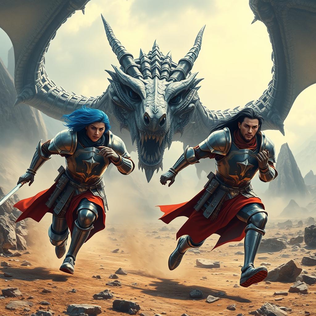 A dynamic scene featuring two knights in full armor, one with striking blue hair and the other adorned with sleek black hair